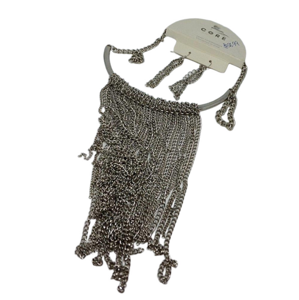 𝅺Core brand silver tone collar bar necklace with big fringe chains jewelry set